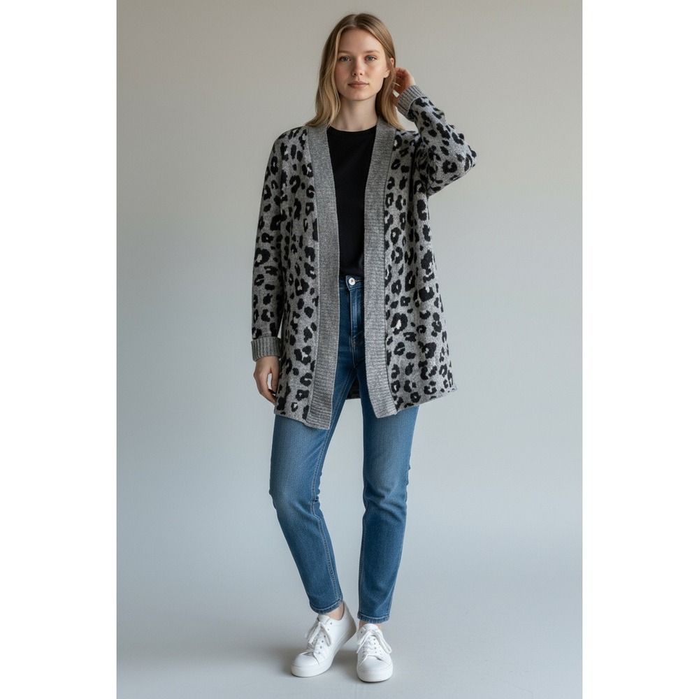 LOFT Cardigan Knit Gray Leopard Print Open Front‎ Cozy XXS Layering Chic